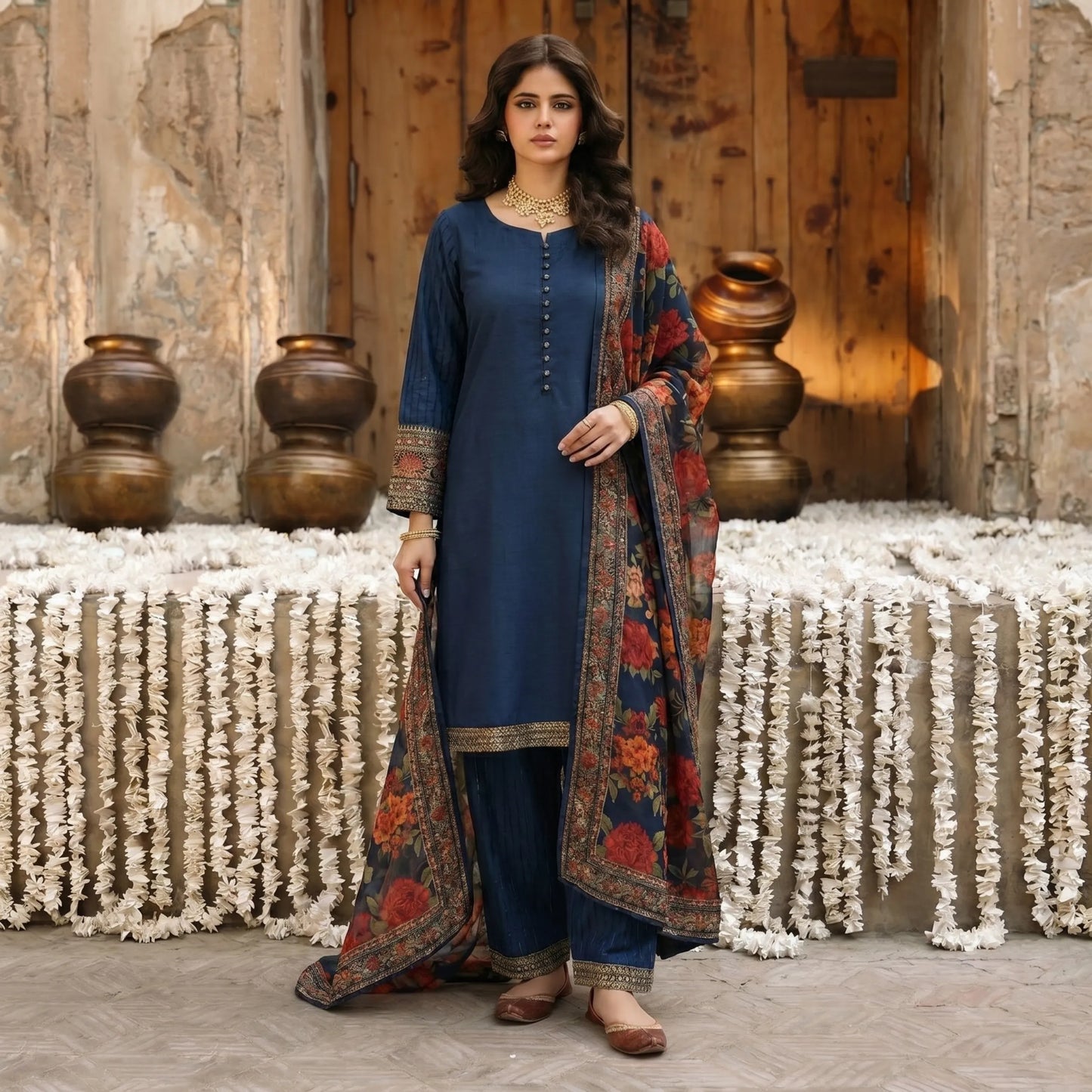 UA-207 Embroidered Viscose Farshi Shalwar with Printed Chiffon Dupatta by Umnaa | Ready to Wear Pakistani Asian clothes