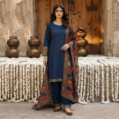 UA-207 Embroidered Viscose Farshi Shalwar with Printed Chiffon Dupatta by Umnaa | Ready to Wear Pakistani Asian clothes