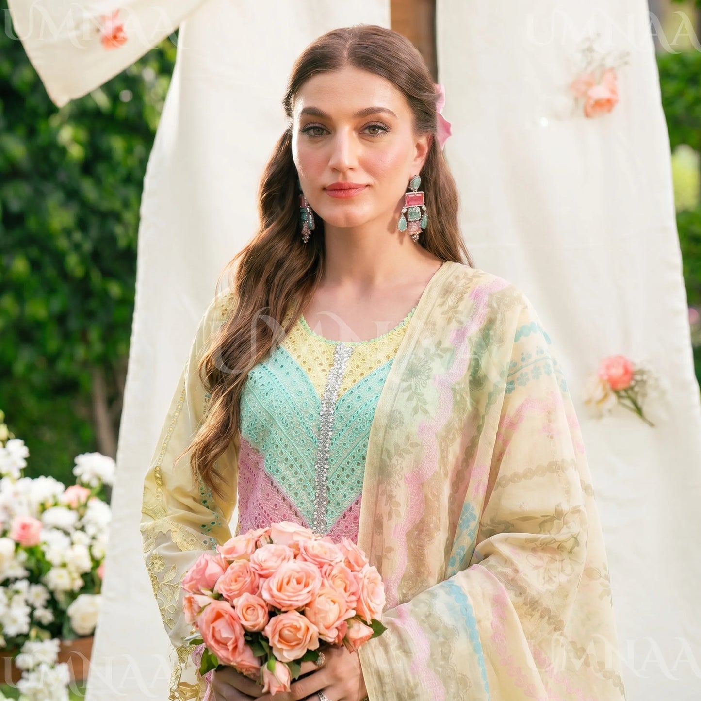 UA-208 Embroidered Chikenkari Cambric Cotton Pastel Festive Collection by Umnaa - Ready to Wear Pakistani Asian clothes