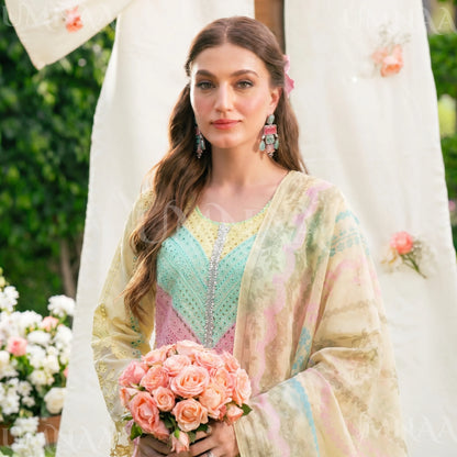 UA-208 Embroidered Chikenkari Cambric Cotton Pastel Festive Collection by Umnaa - Ready to Wear Pakistani Asian clothes