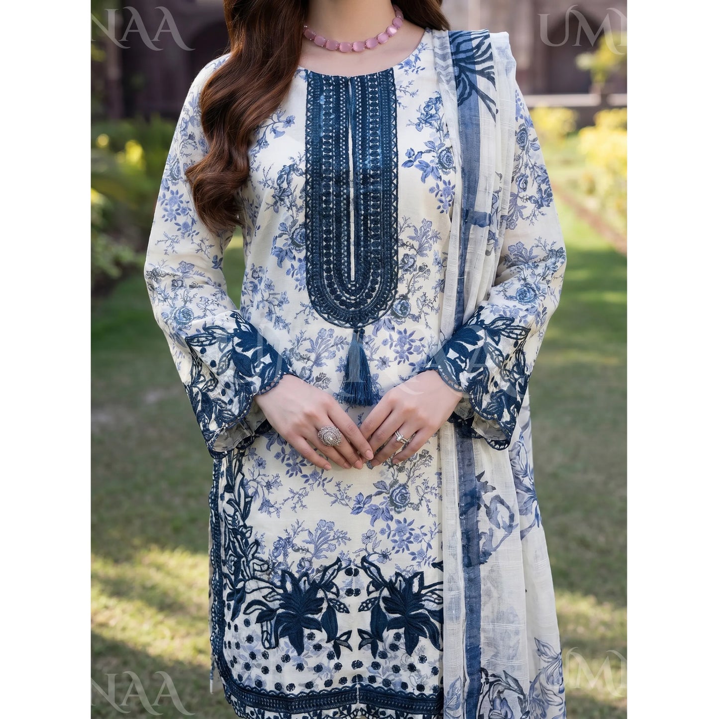UA-212 Embroidered Printed Slub Poly Lawn Farshi Shalwar Collection by Umnaa | Ready to Wear Pakistani Asian Clothing