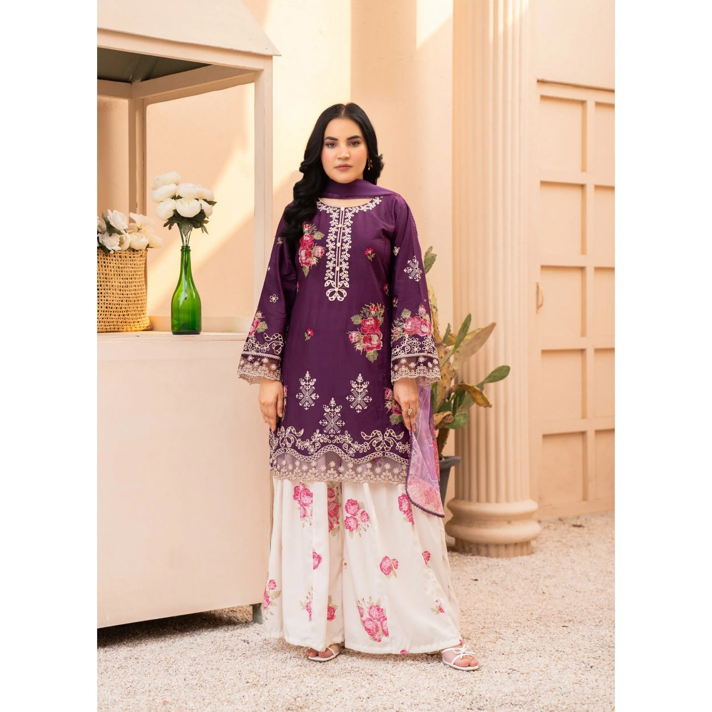 UMRZ-62 "Crimsons" by Rangz Embroidered Cotton with poly Lawn Sharara Festive collection| Ready to Wear Pakistani Asian clothes