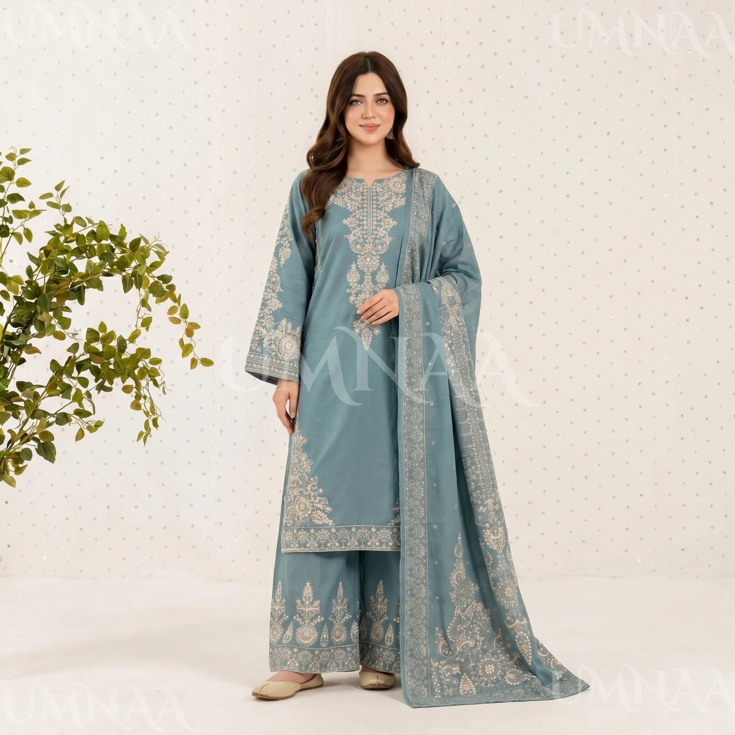 UA-222 Embroidered Cotton Ready to Wear Collection Pakistani Asian Women | 3 Piece Shirt Trouser Duppata by Umnaa