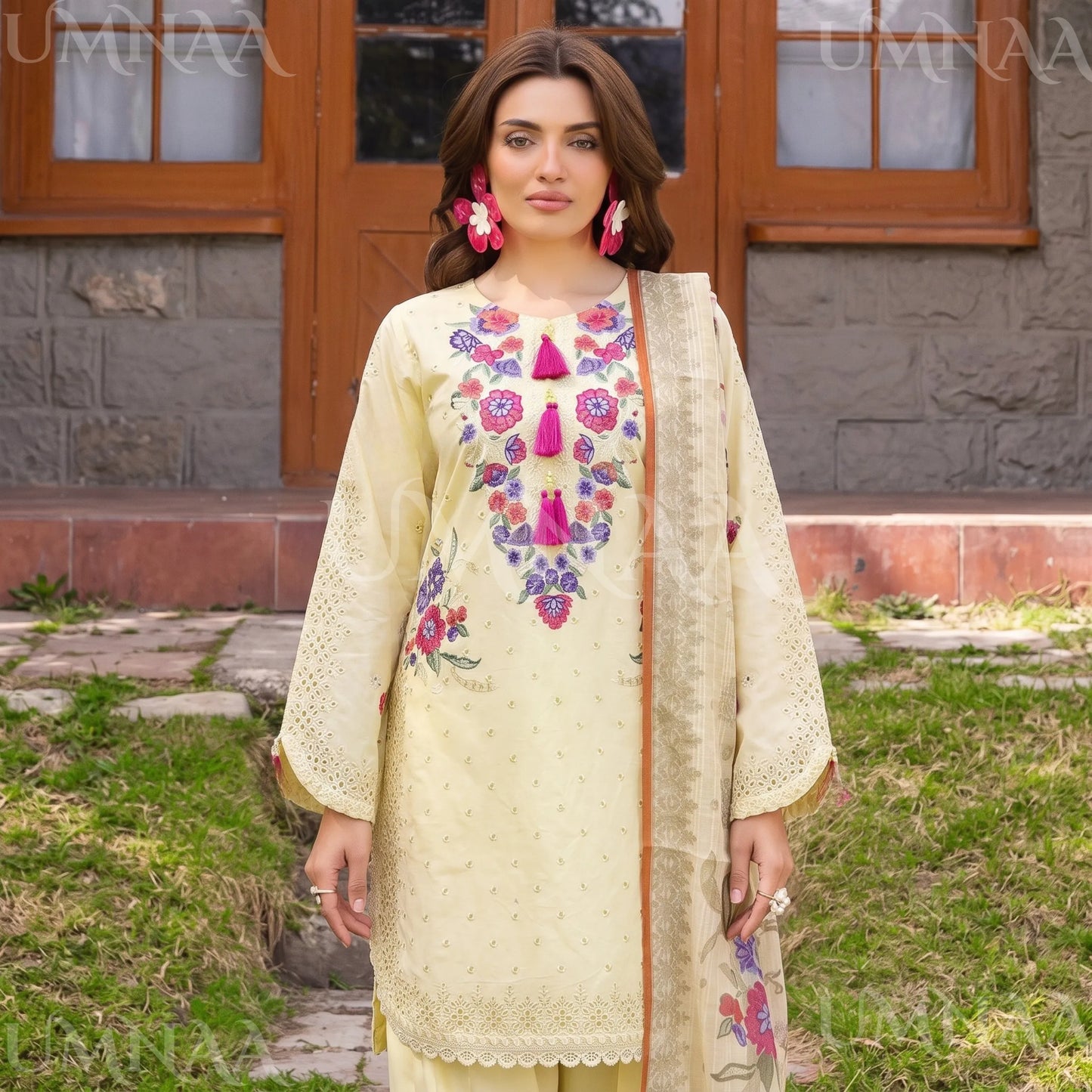 UA-223 Embroidered Cambric Cotton 3 Piece Suit | Tulip Shalwar & Printed Dupatta | Soft Summer Collection by Umnaa