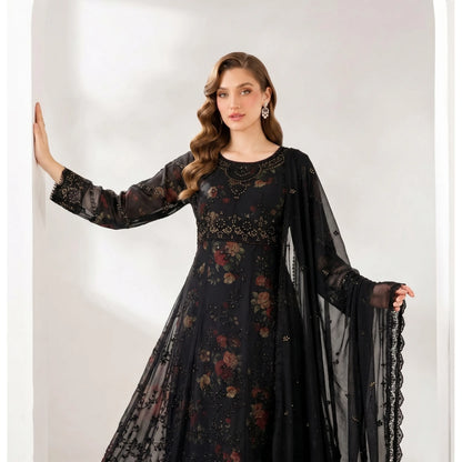 UA-224 Embroidered Chiffon Frock 3 Pc Suit | Printed Inner Lining | Trouser & Chiffon Dupatta | Formal Party Wear