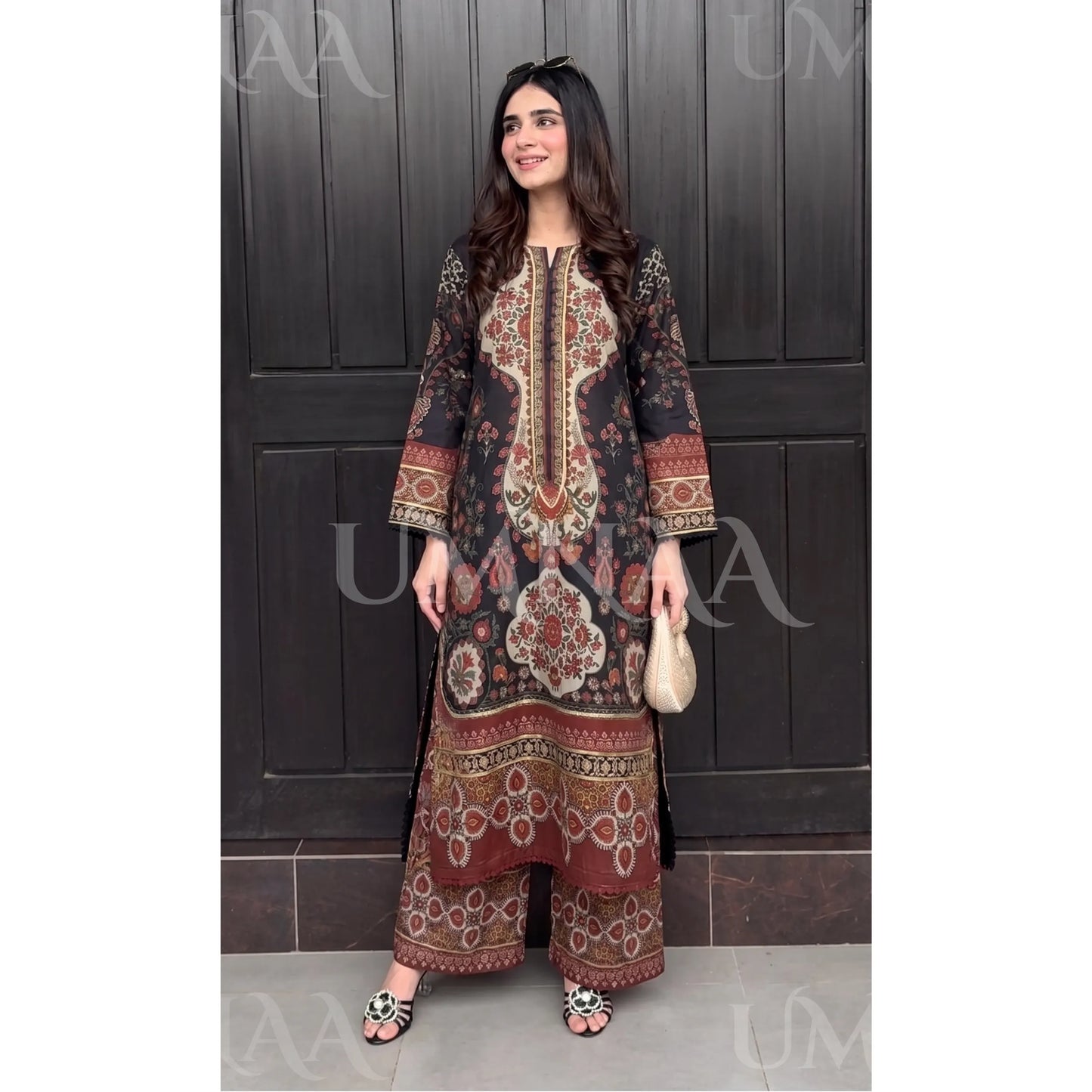 UA-228 Printed Lawn Long Kaftan Style 3  Piece Casual Summer Collection by Umnaa
