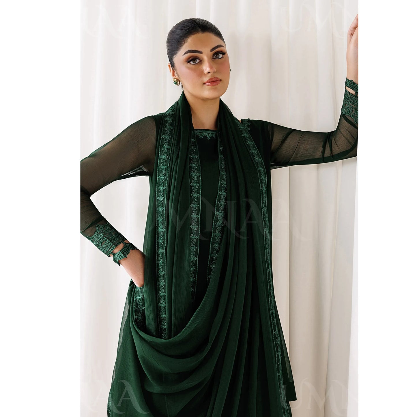 UA-230 Chiffon Sharara Full Sleeves Lined 3 Piece Suit | Chiffon Shirt with Embroidered Sharara & Dupatta | Formal Party Wear