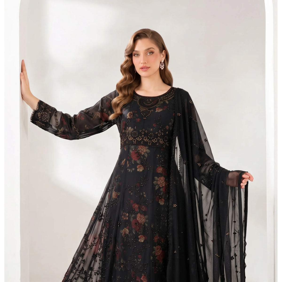 UA-224 Embroidered Chiffon Frock 3 Pc Suit | Printed Inner Lining | Trouser & Chiffon Dupatta | Formal Party Wear