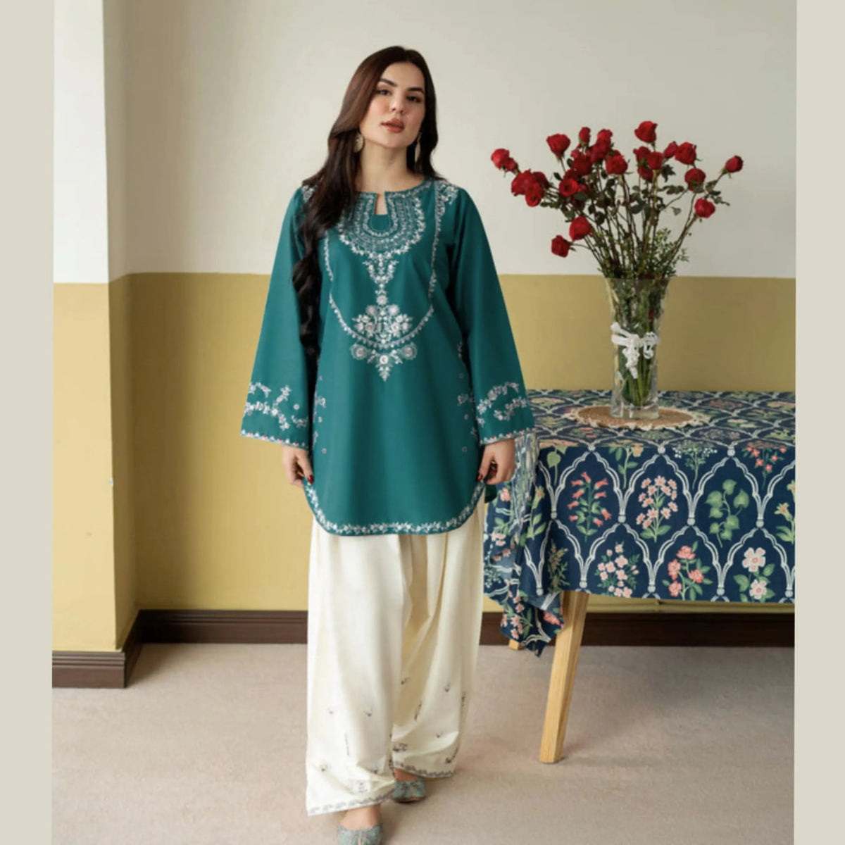 UA-258 Embroidered Cambric Cotton 2 Pc Co-Ord Set with Farshi Shalwar by Umnaa