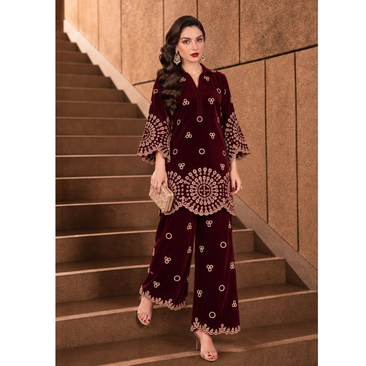 UA-318 Embroidered Velvet Co-Ord Set | Umnaa