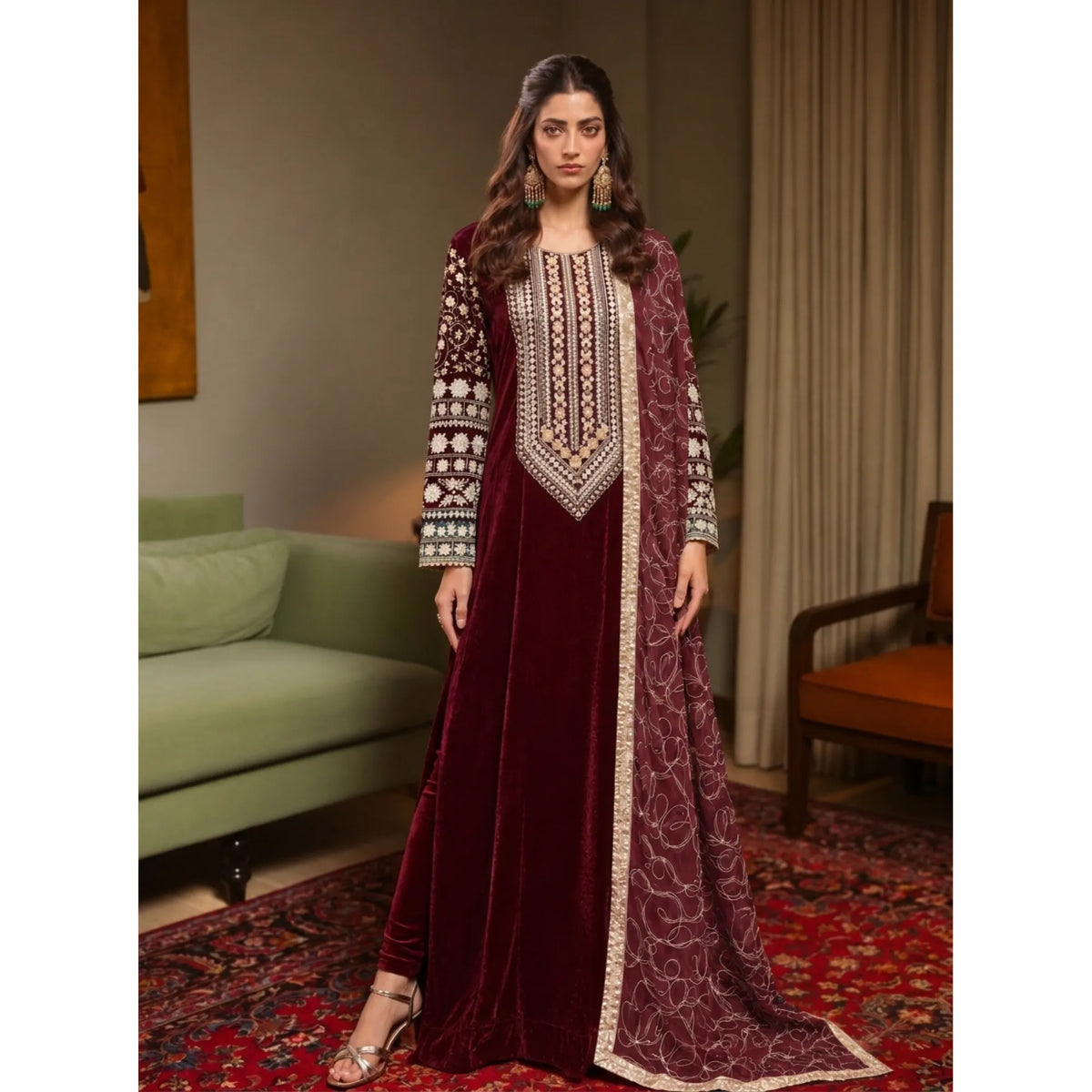 UA-324 Embroidered Velvet Kaftan 3 Pc | Umnaa