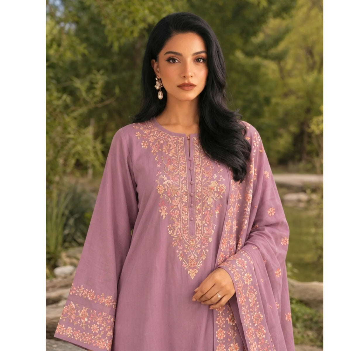 UA-326 Embroidered Dhanak Kaftan Style 3 Pc | Umnaa