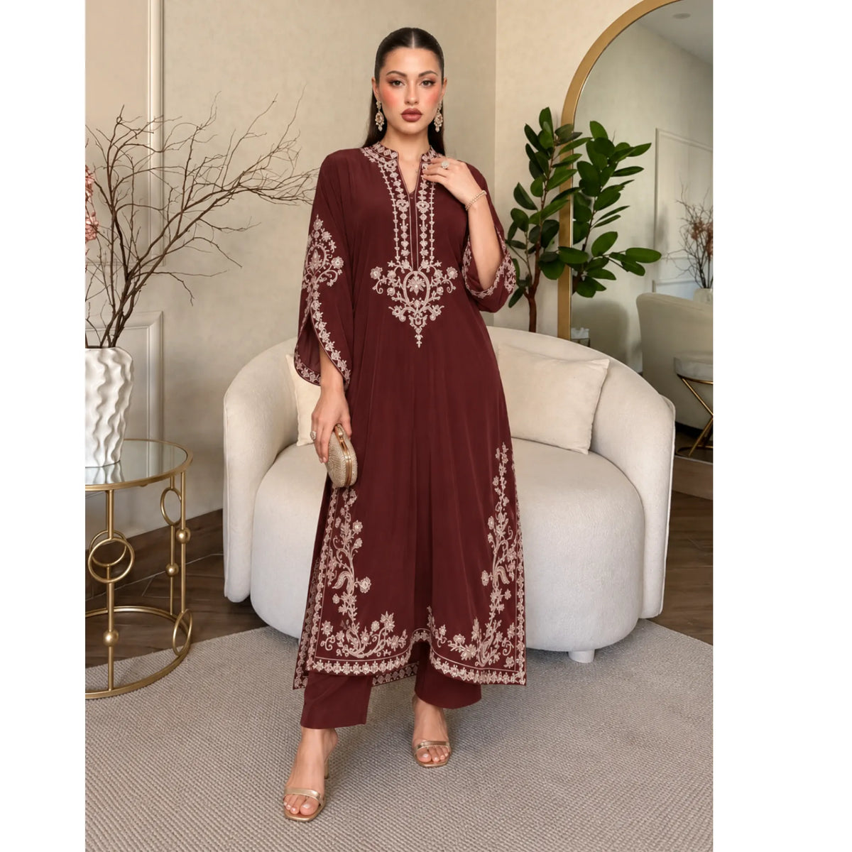 UA-329 Luxury Dhanak Kaftan Co-Ord 2 Pc | Umnaa - Rusty Maroon