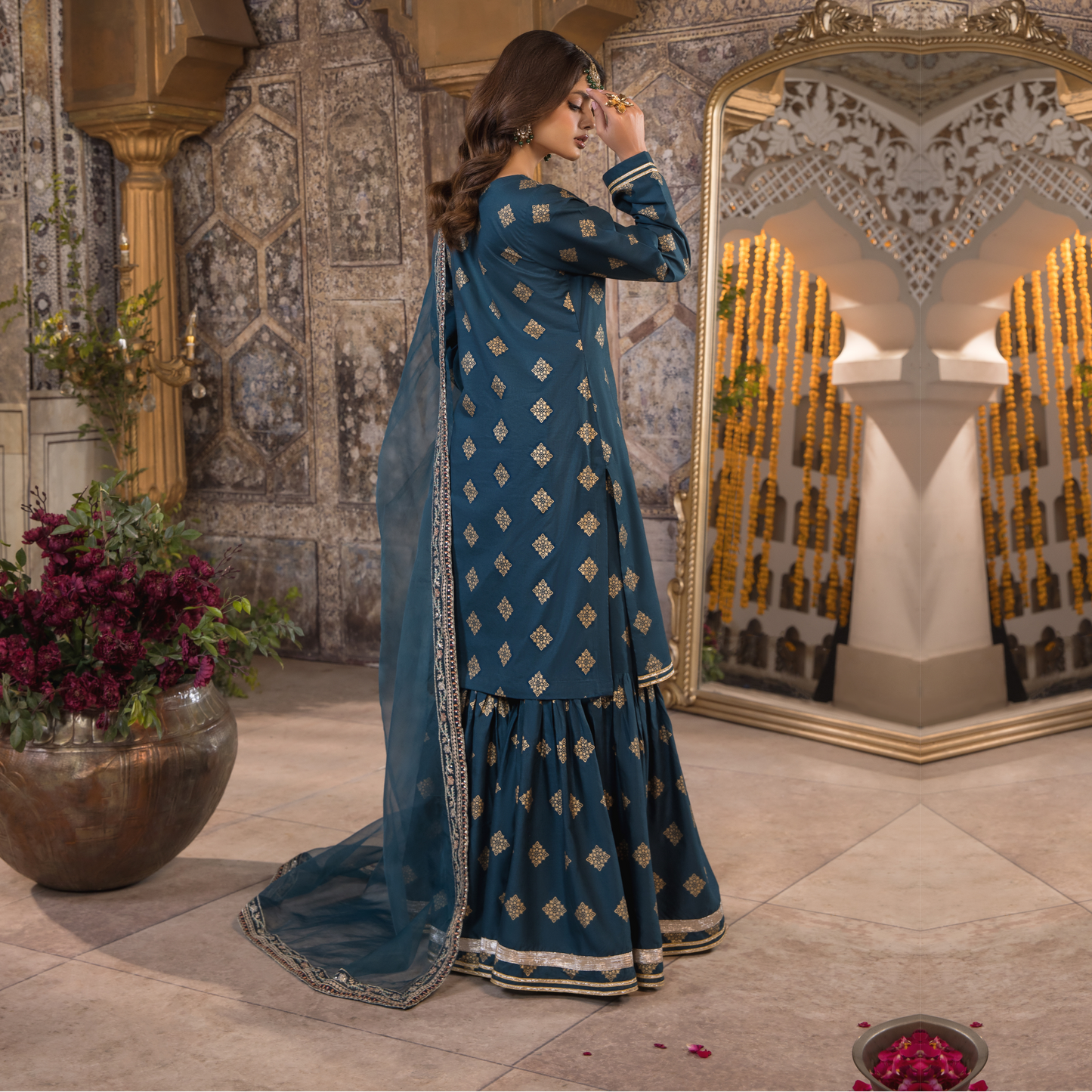 UHE-49 (Teal blue) 3 Pc Embroidered Cambric Cotton ready to wear Dress | Eid Wear | Heera's