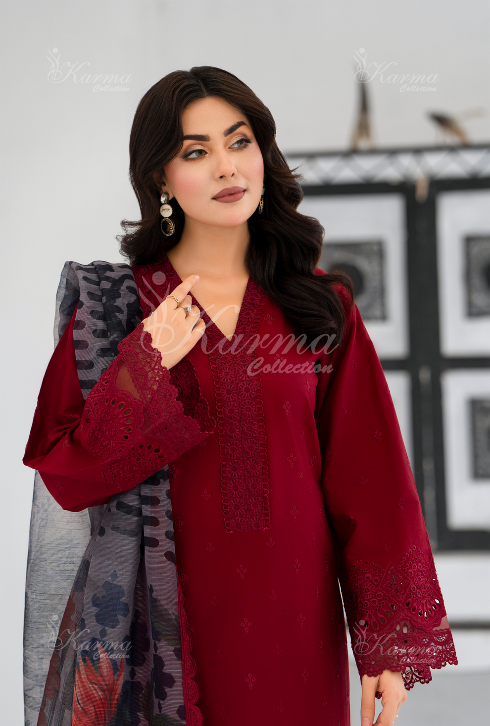 KC- 1393 | Rose Red | 3 Pc | Chikenkari Cotton Lawn | Karma Collection