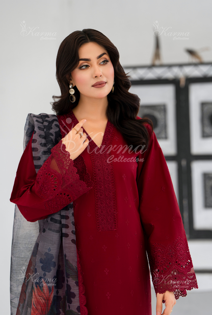 KC- 1393 | Rose Red | 3 Pc | Chikenkari Cotton Lawn | Karma Collection