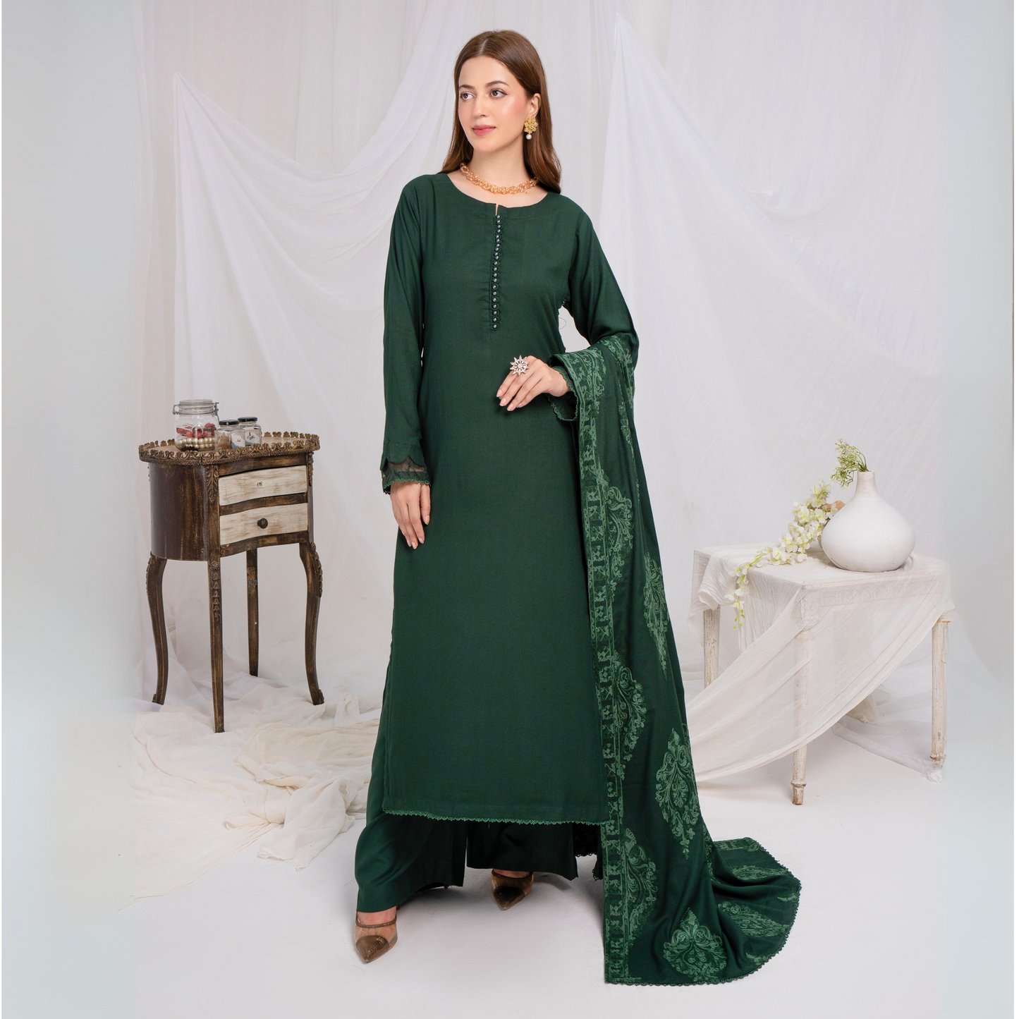 (green) 3 Pc Dhanak Shirt & trouser with Dhanak Shawl | Winter Collection | SIMRANS