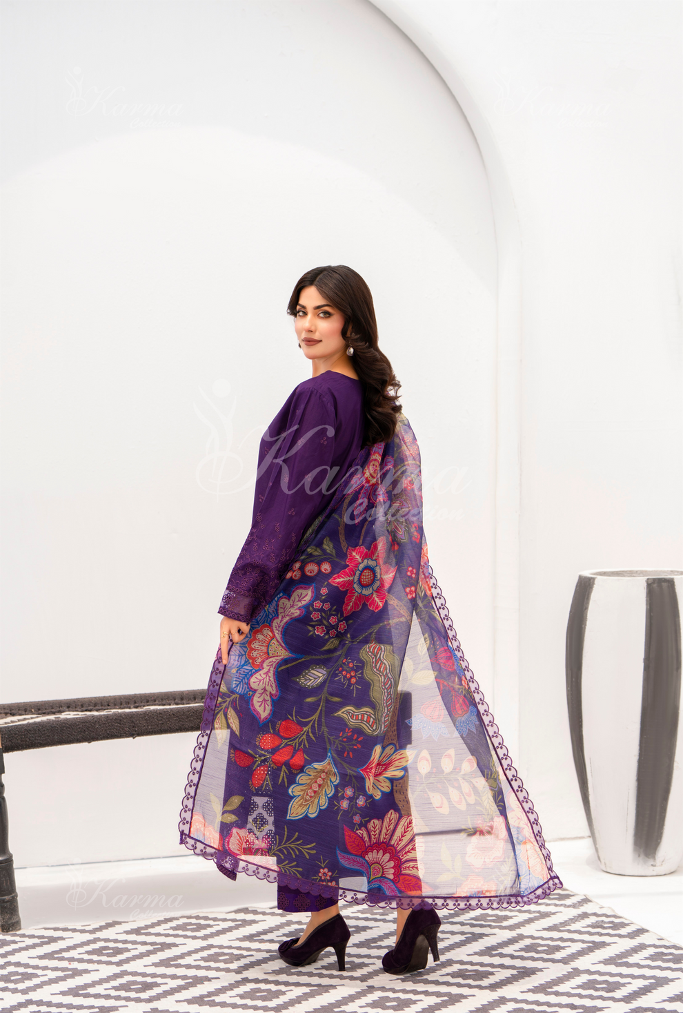 KC- 1391 | Plum | 3 Pc | Chikenkari Cotton Lawn | Karma Collection