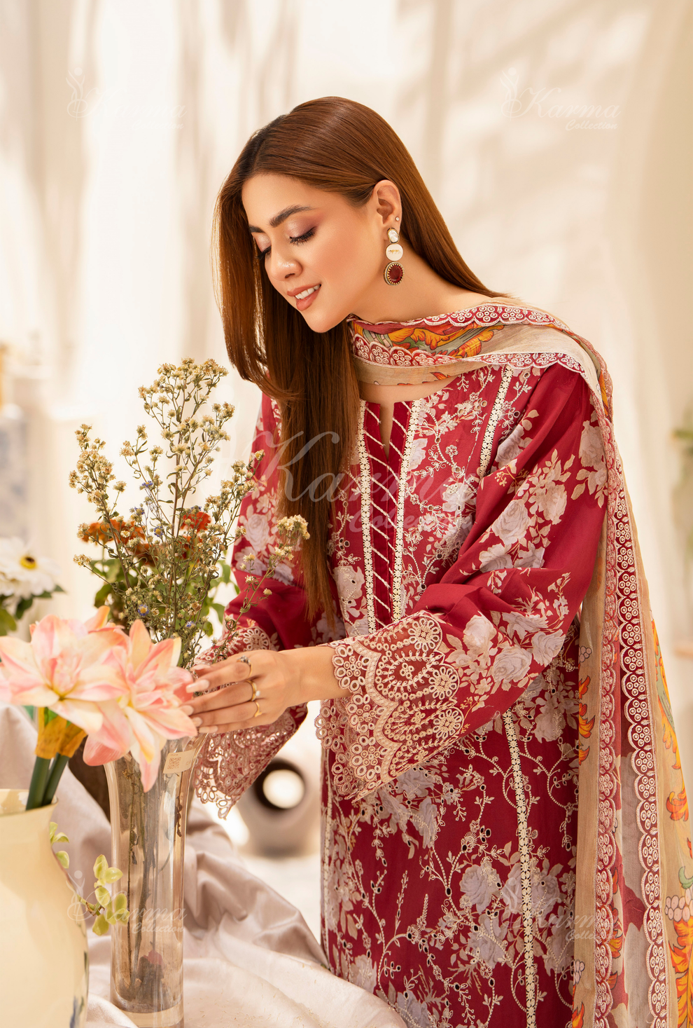 (Blush Red) Chickenkari Cotton Lawn 3 Pc - Karma Collection