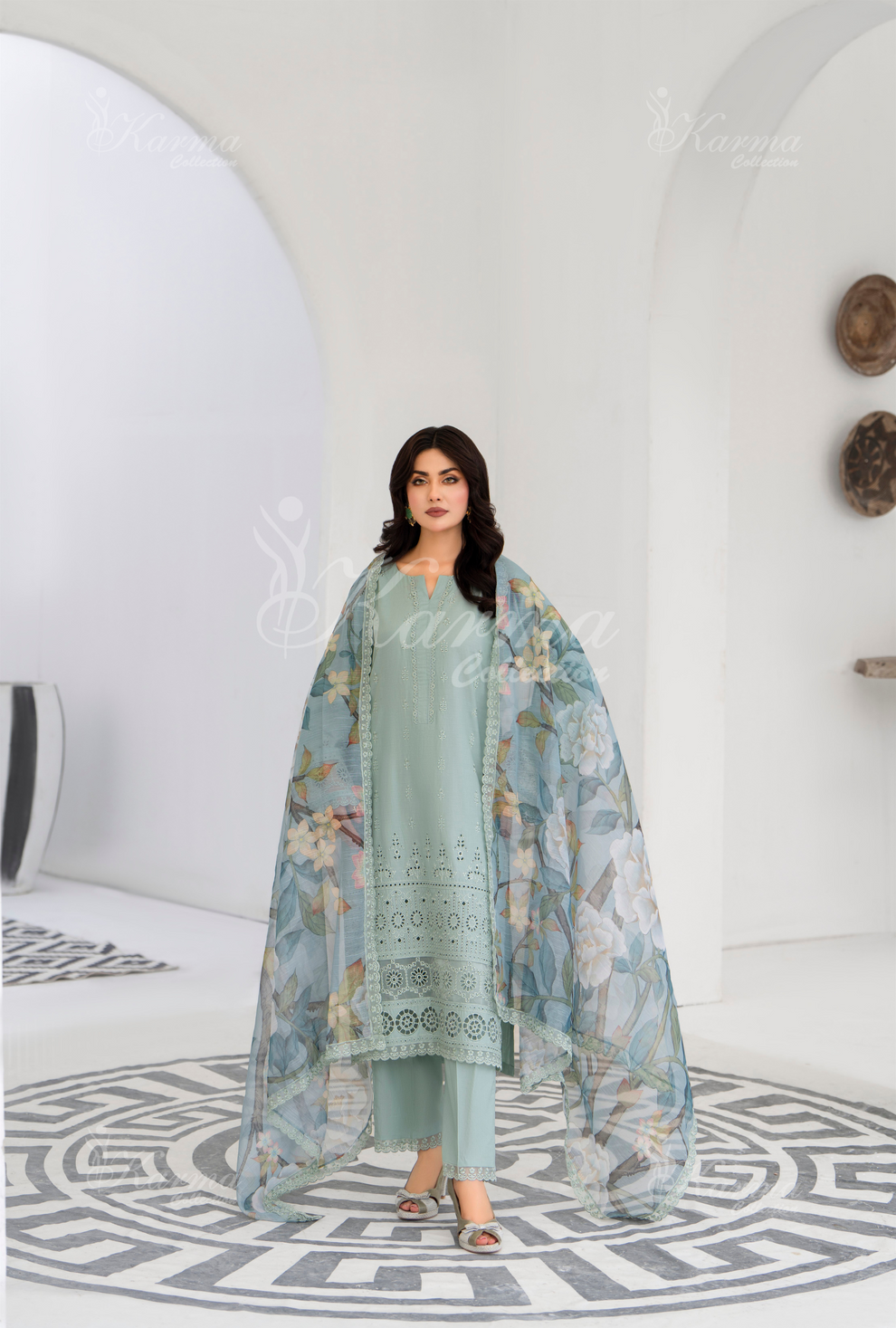 KC- 1394 | Mint Blue | 3 Pc | Chikenkari Cotton Lawn | Karma Collection