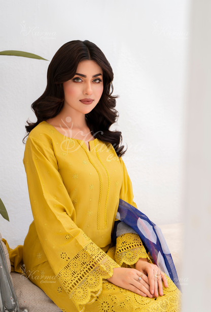 KC- 1385 | Mustard | 3 Pc | Chikenkari Cotton Lawn | Karma Collection