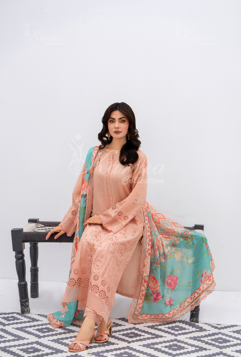 KC- 1390 | Light Salmon | 3 Pc | Chikenkari Cotton Lawn | Karma Collection