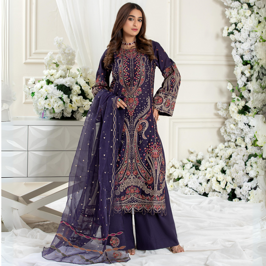 (Blue) 3 Pc Embroidered Viscose Ready to Wear Dress | Winter Wear | Heera's