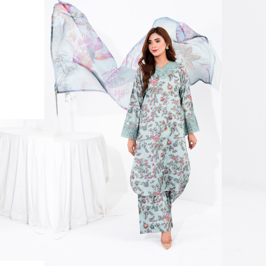 (Pale Aqua) 3 Pc Printed Floral Embroidered Linen Dress Winter Wear | Raniya.h