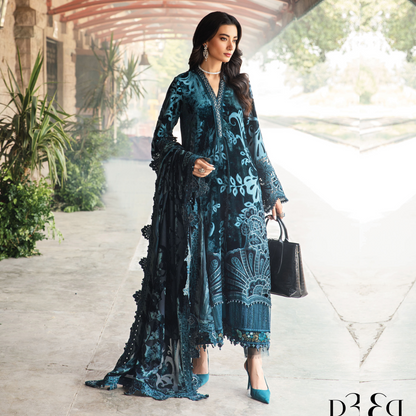 (Teal Blue) Embroidered Luxury Velvet & Palachi | 3 Pc | Winter Collection | MARIA.B