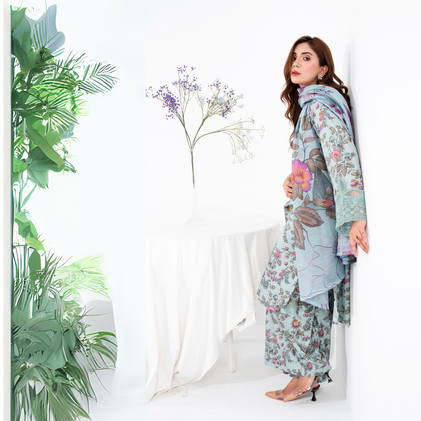 (Pale Aqua) 3 Pc Printed Floral Embroidered Linen Dress Winter Wear | Raniya.h