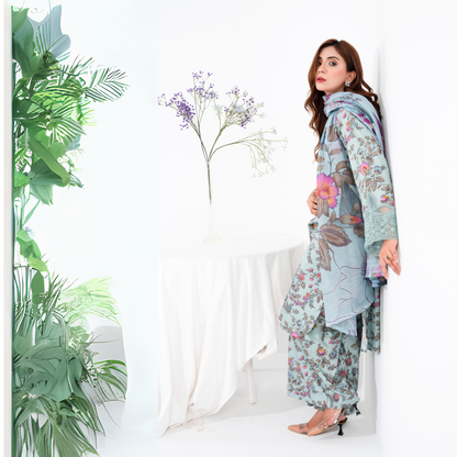 (Pale Aqua) 3 Pc Printed Floral Embroidered Linen Dress Winter Wear | Raniya.h