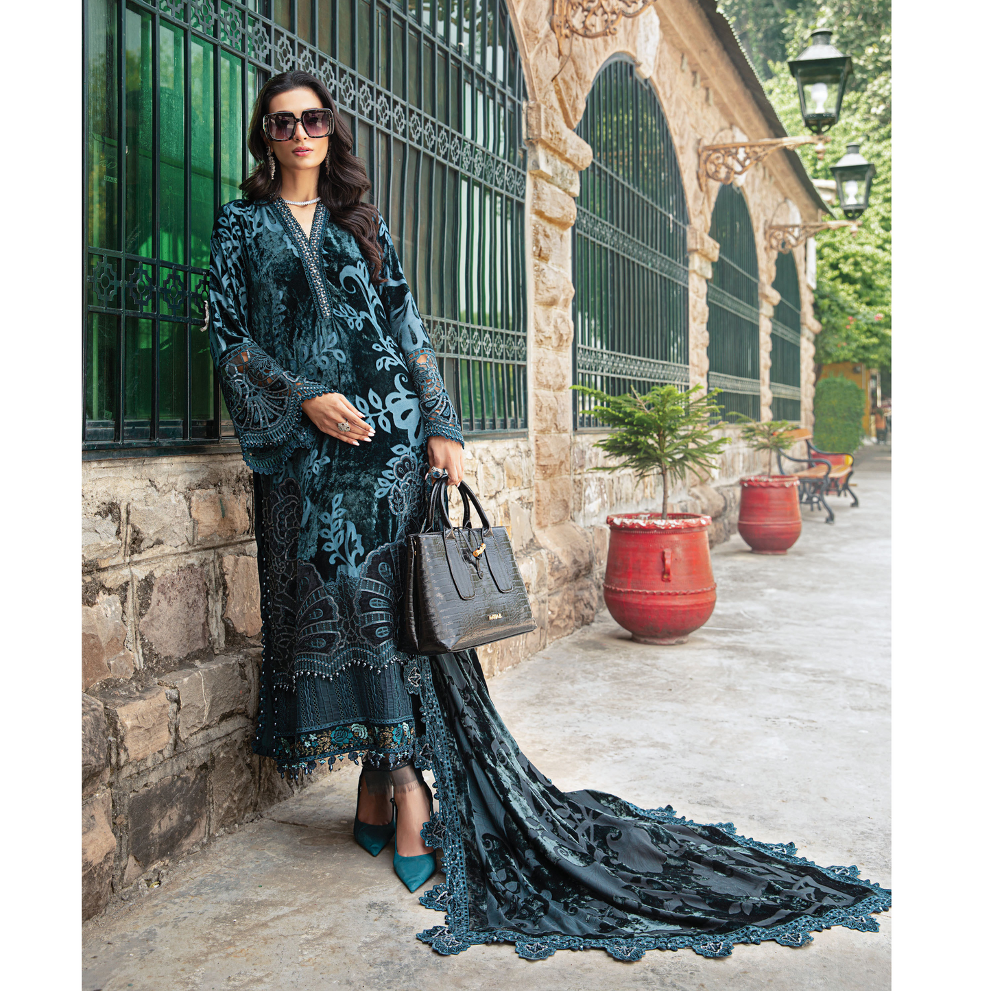 (Teal Blue) Embroidered Luxury Velvet & Palachi | 3 Pc | Winter Collection | MARIA.B
