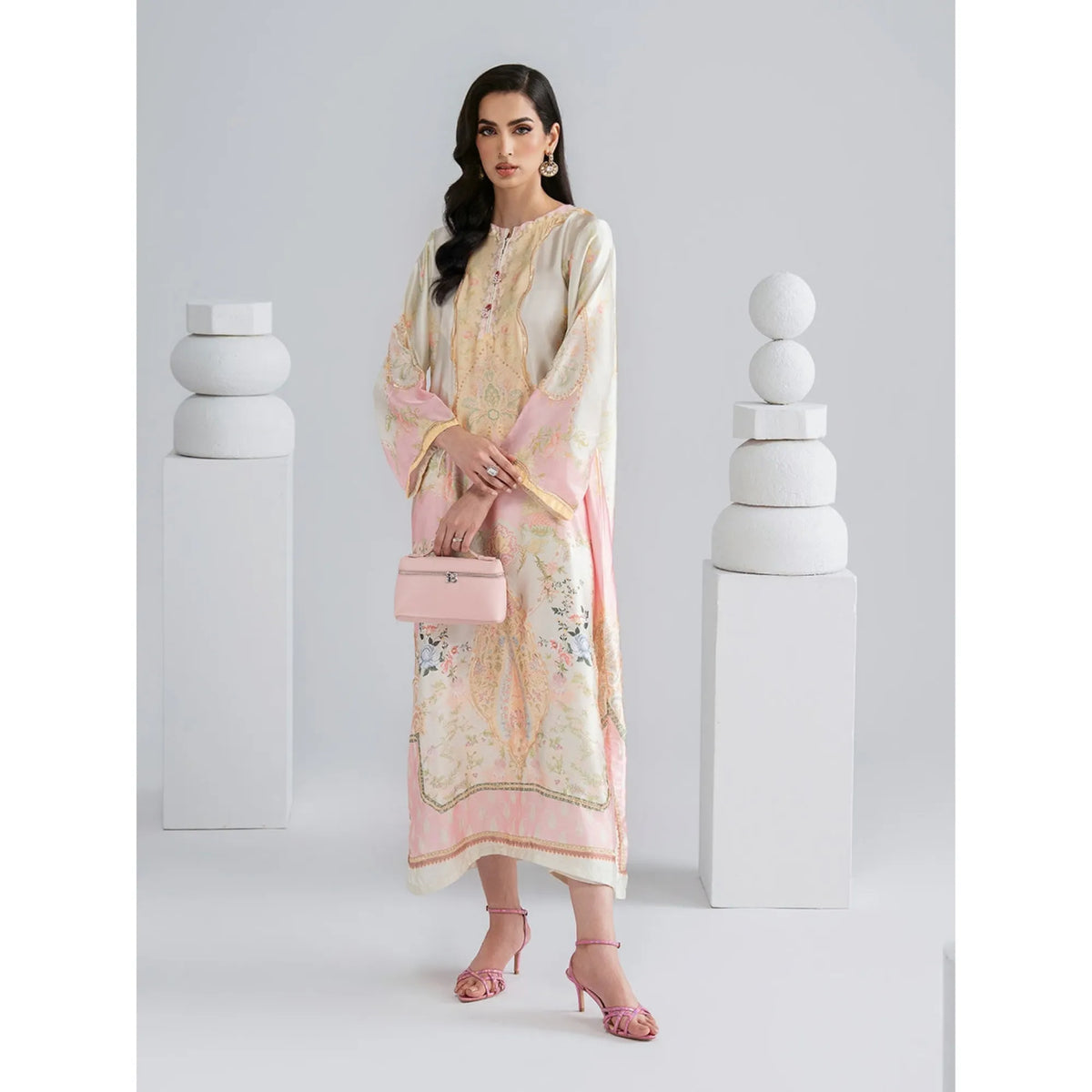 UAL-09 Printed Silk Kaftan with Trouser 2 Pc Set | Ally's