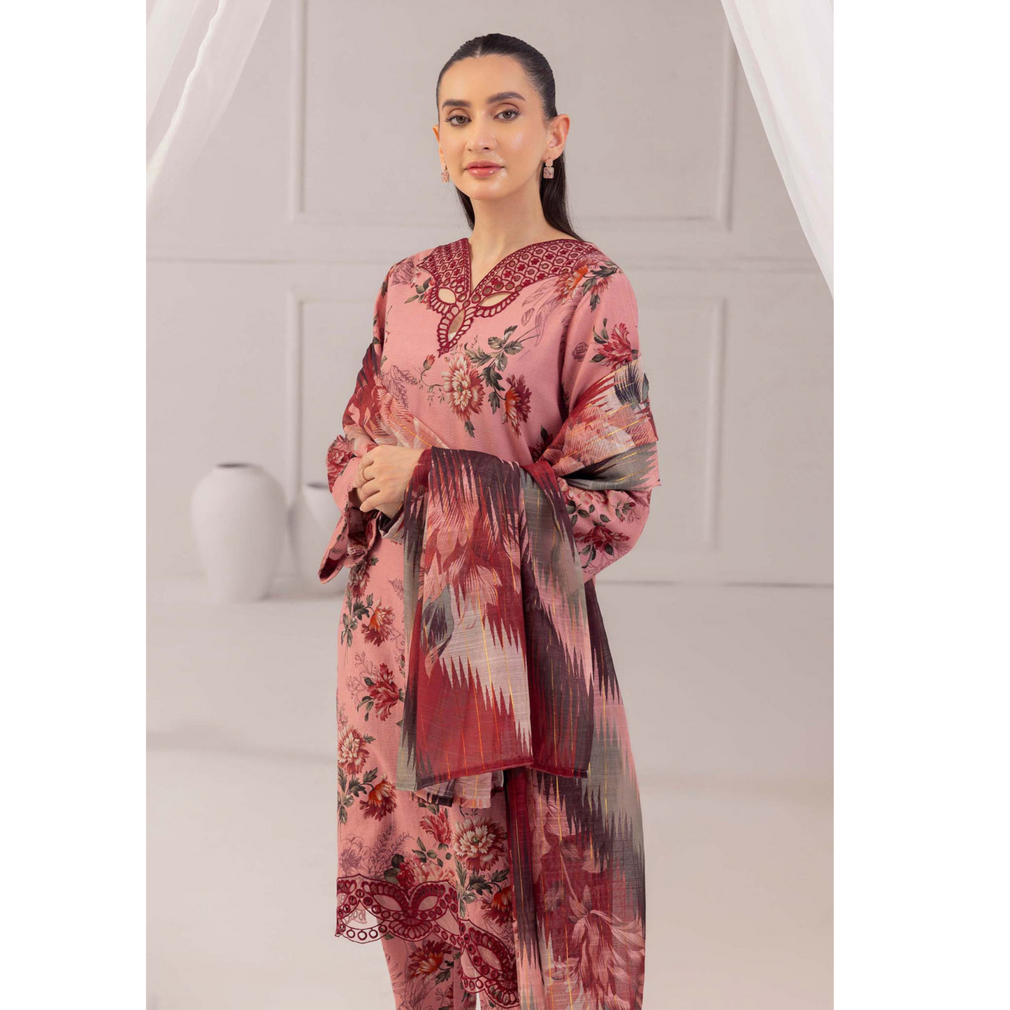 Pink Daisy 3 Pc Printed Khaddar Ready to Wear Dress - Adan's libas