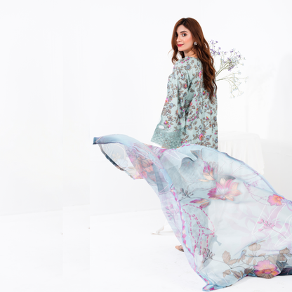 (Pale Aqua) 3 Pc Printed Floral Embroidered Linen Dress Winter Wear | Raniya.h