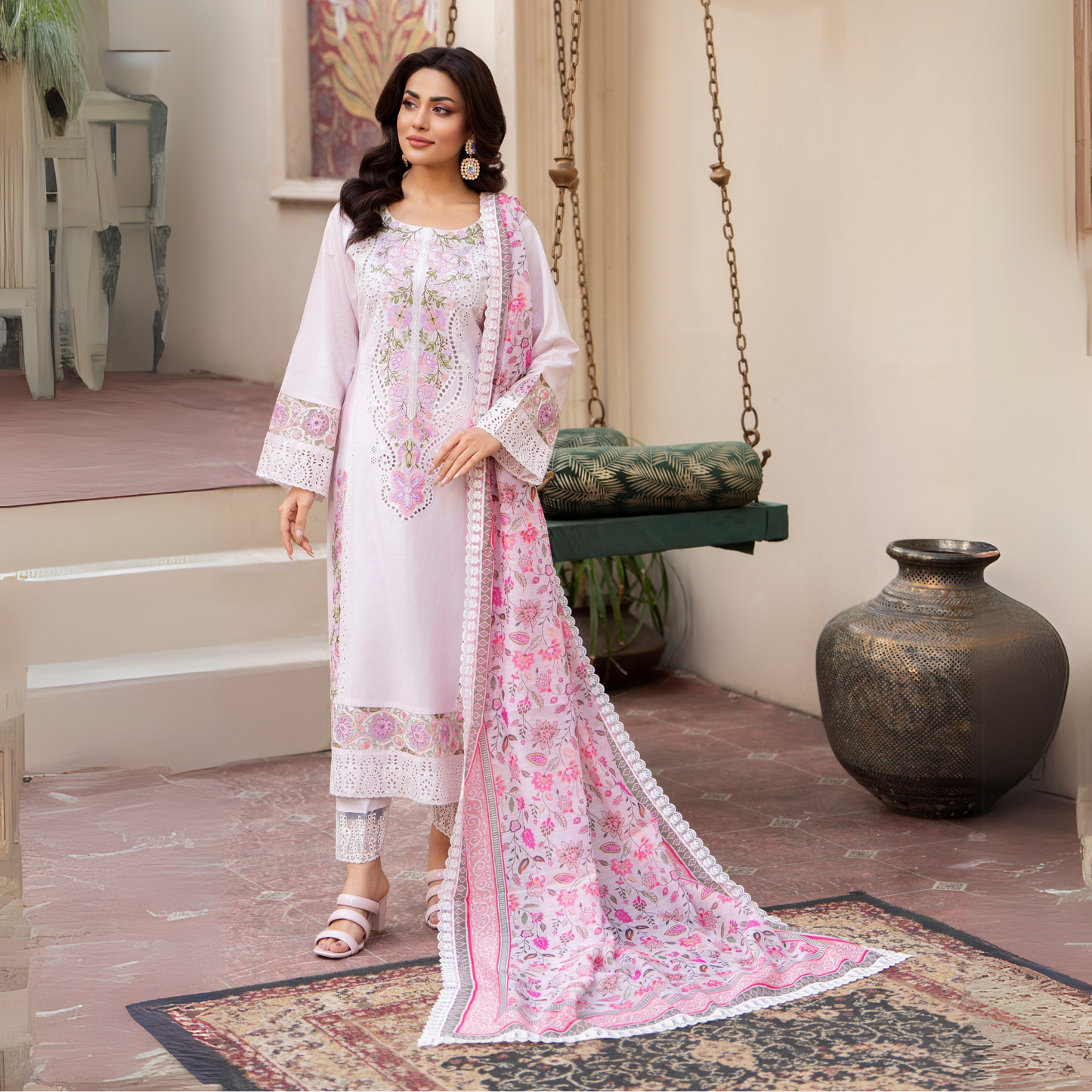 UKC-19 Chikenkari Cambric Cotton Ready to Wear Eid Collection 3 Pc - Karma Collection