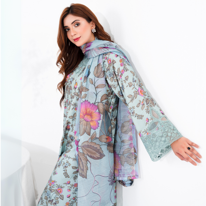 (Pale Aqua) 3 Pc Printed Floral Embroidered Linen Dress Winter Wear | Raniya.h