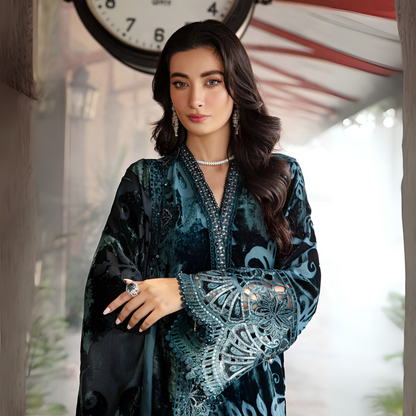 (Teal Blue) Embroidered Luxury Velvet & Palachi | 3 Pc | Winter Collection | MARIA.B