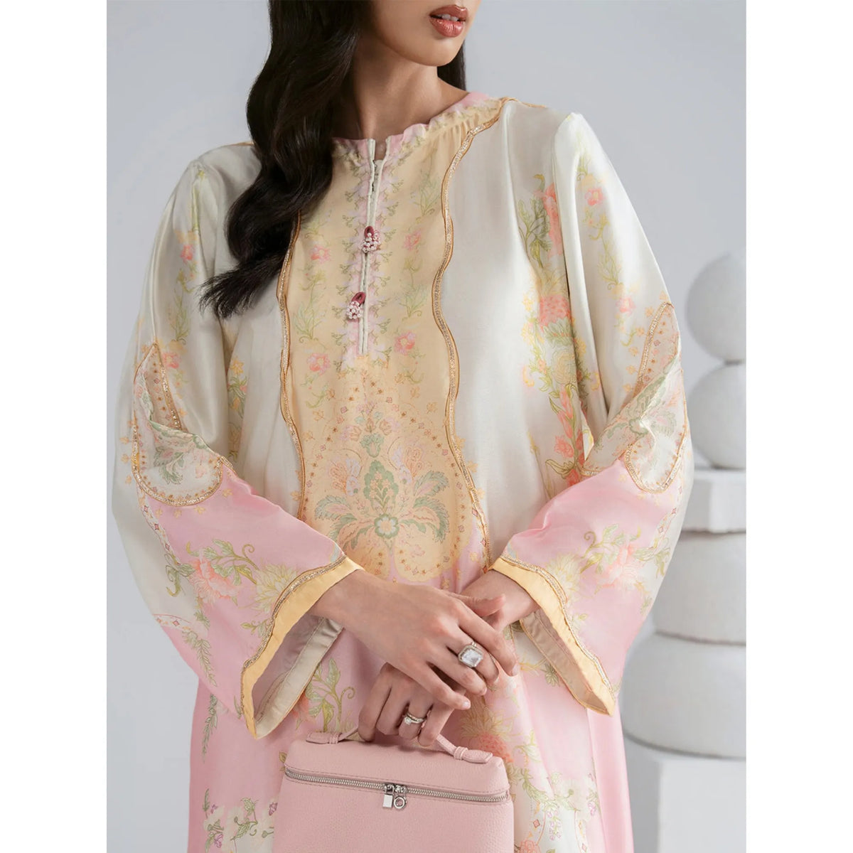 UAL-09 Printed Silk Kaftan with Trouser 2 Pc Set | Ally's