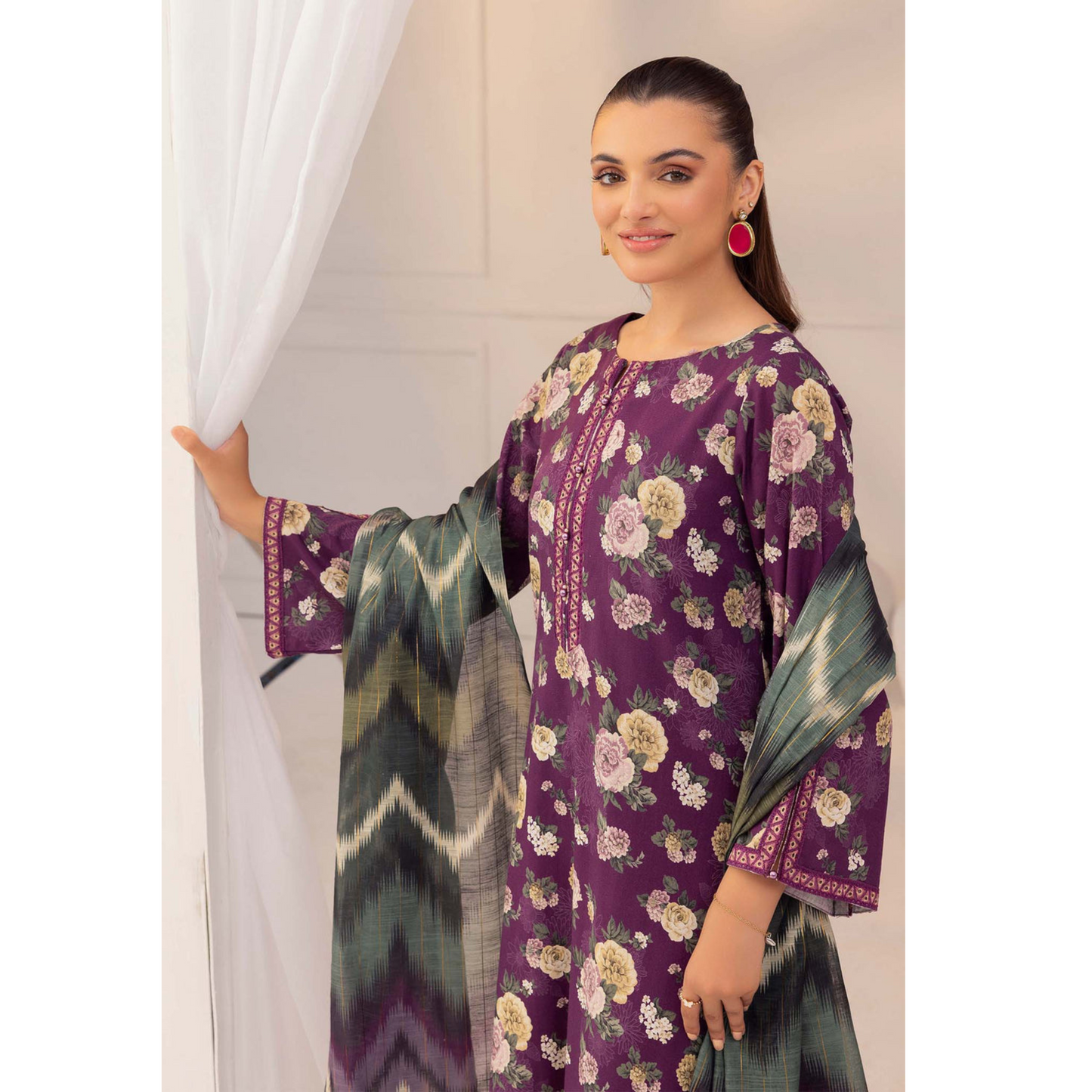 Grape Purple 3 Pc Printed Khaddar Ready to Wear Dress - Adan's libas