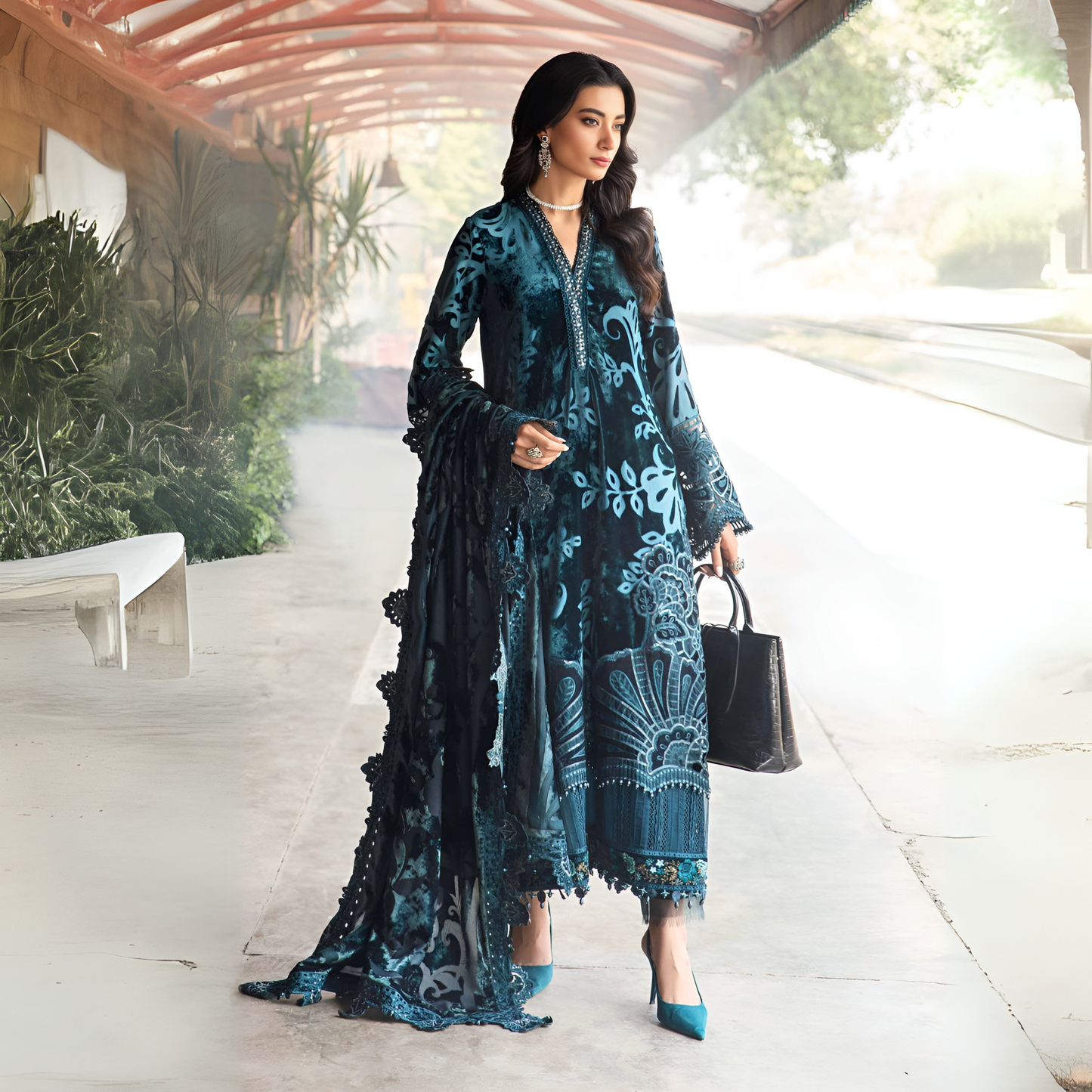 (Teal Blue) Embroidered Luxury Velvet & Palachi | 3 Pc | Winter Collection | MARIA.B