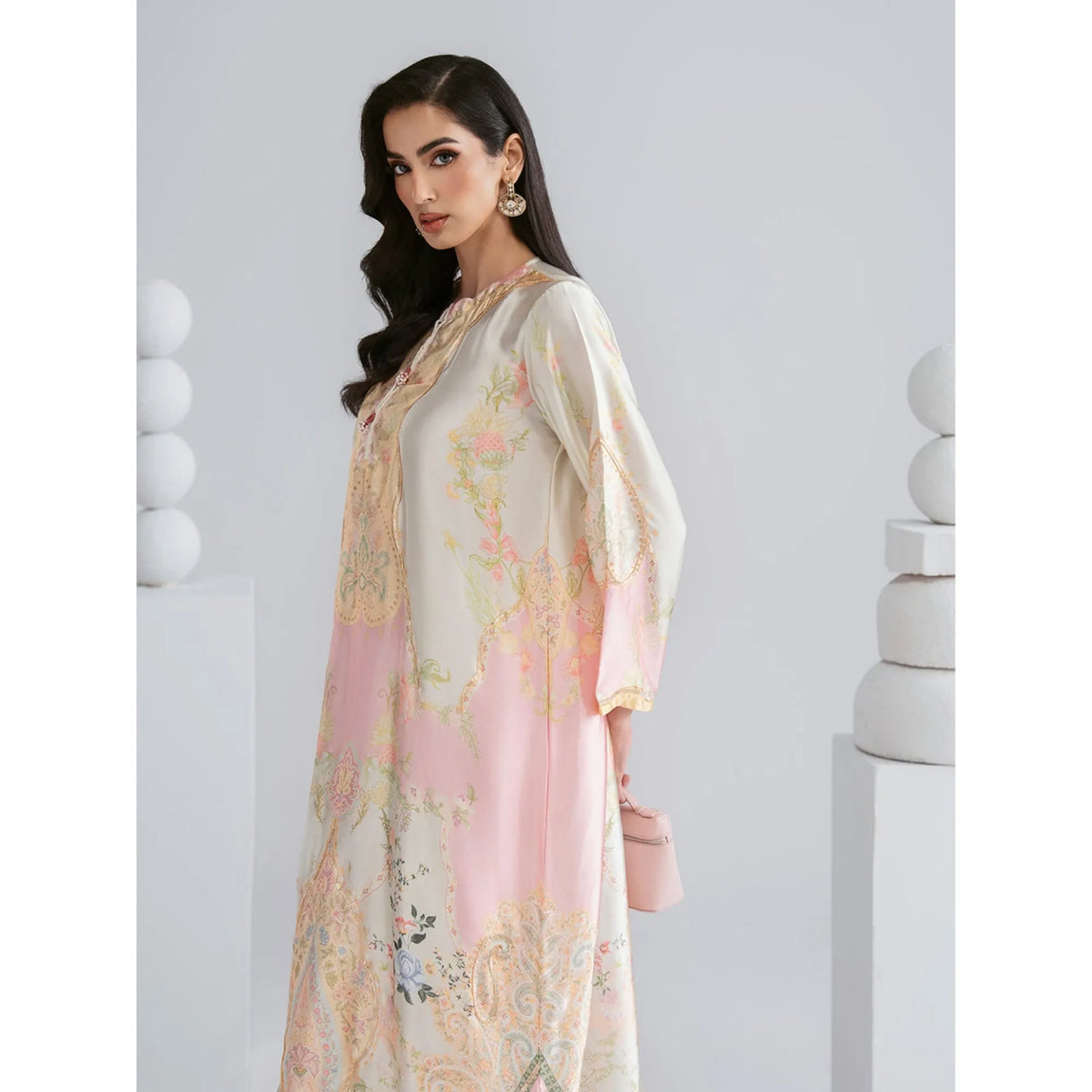 UAL-09 Printed Silk Kaftan with Trouser 2 Pc Set | Ally's