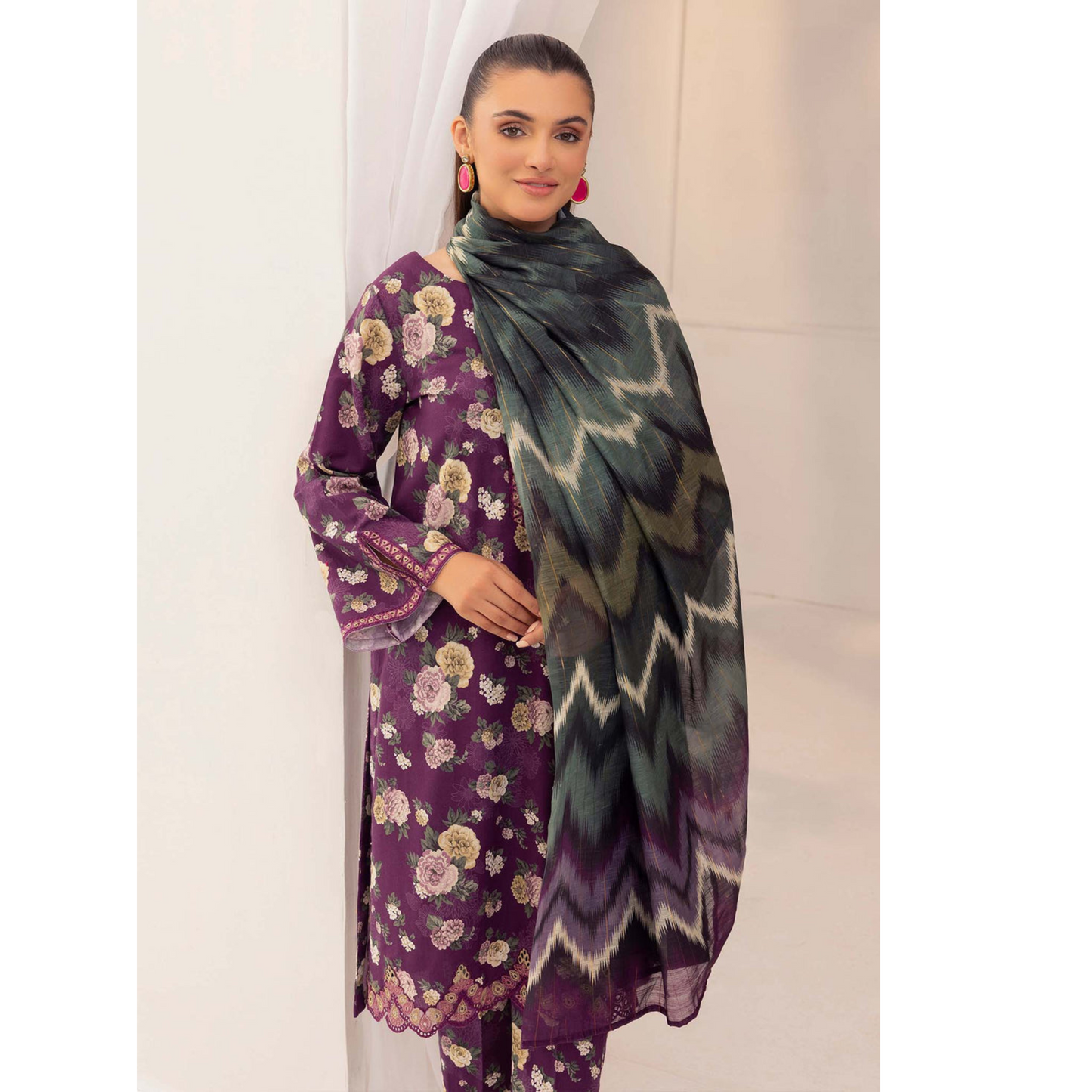 Grape Purple 3 Pc Printed Khaddar Ready to Wear Dress - Adan's libas