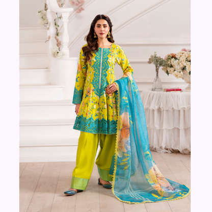 3 Pc Printed Floral Embroidered Trendy farshi Shalwar Collection karma collection
