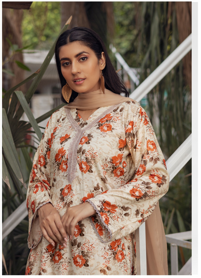 Soft Amber | Printed Linen Shirt & Trouser  With Chiffon Dupatta| Ready to Wear 3 Pc dress - Rangz
