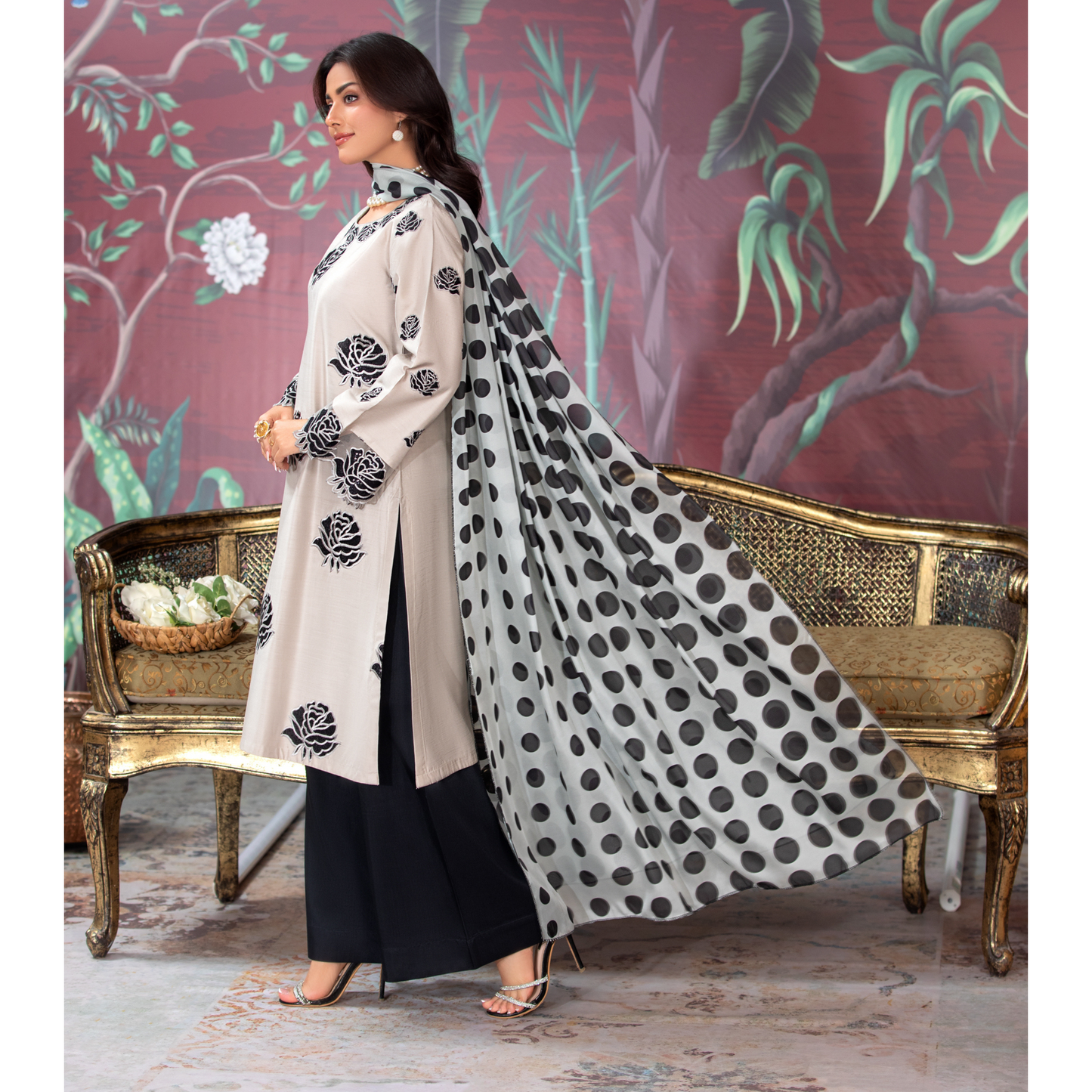 (Bone Beige) 3 Pc Embroidered Viscose Pakistani Dress With Silk Printed Dupatta  | Winter Wear | Heera's