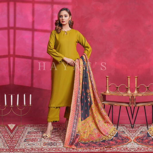 (Yellowy Brown) Dhanak Dress with Wool Shawl |3 Pc| Winter Collection | Hayats