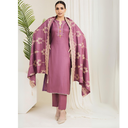3 Pc Dhanak Dress with Embroidered Dhanak Shawl | Winter Collection | Rangz