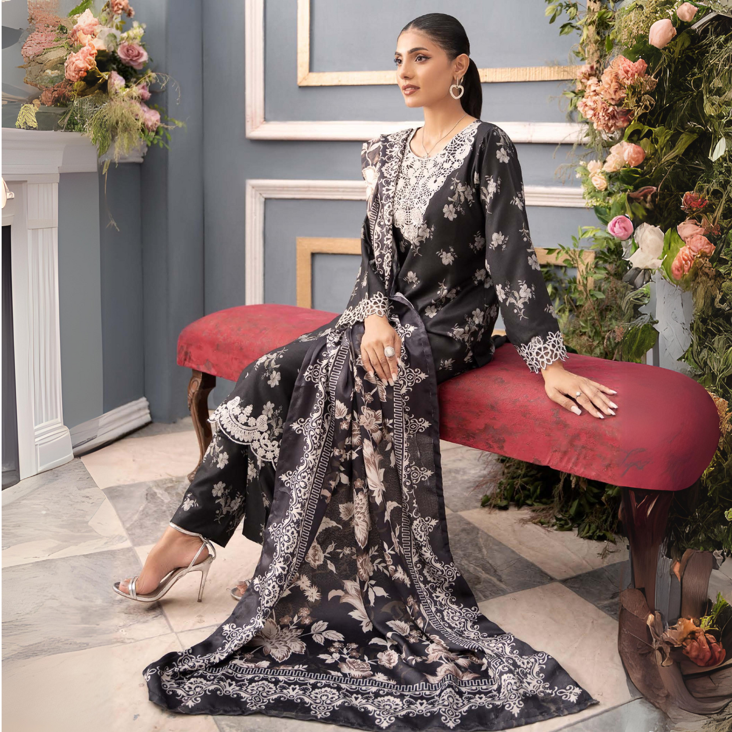 (Black) Embroidered Printed Dhanak Dress with Dhanak Shawl | Winter Collection | Raniya.h