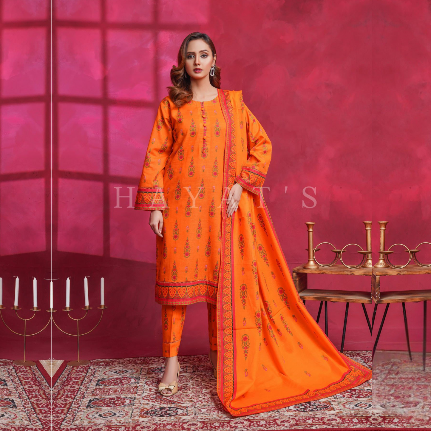 (Burn Orange) Printed Khaddar Dress  |3 Pc| Winter Collection | Hayats